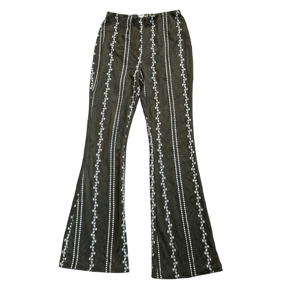 WILD HONEY Women's‎ Medium Olive Green Embroidered Flare Leg Pants Boho Festival